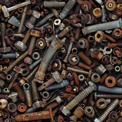 A pile of old rusty screws and nuts, perfect for industrial concepts.