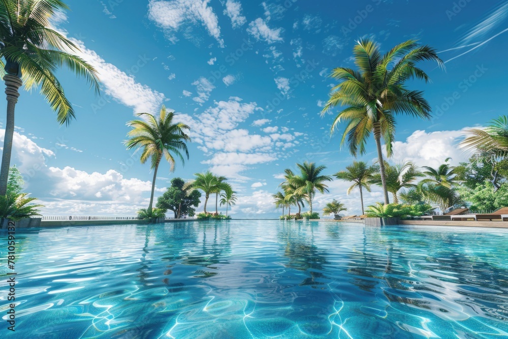 Poster a serene swimming pool with tropical palm trees in the background. perfect for travel and leisure co