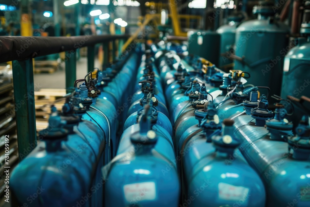 Poster a row of blue propanents in a factory. can be used for industrial concepts