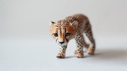 A toy cheetah figurine standing on a plain white surface. Suitable for children's toy concepts
