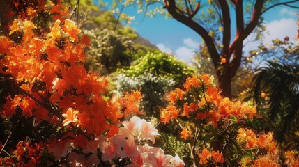 Vibrant orange flowers bush against a clear blue sky. Ideal for nature or gardening concepts - Powered by Adobe
