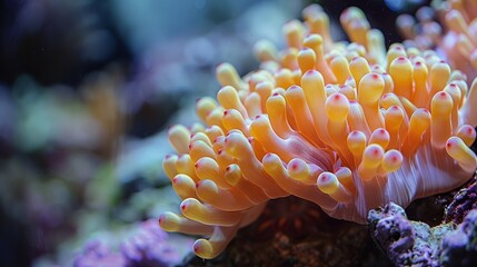   Orange and white sea anemone in focus, surrounded by various corals on a coral reef backdrop