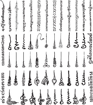 Thailand talisman set. Thai ancient traditional tattoo,Sak yant thai. Unalome symbol, Hindu or Buddhist sign representing path to enlightenment. Yantras Tattoo icon. Simple. isolated vector. Yant set.