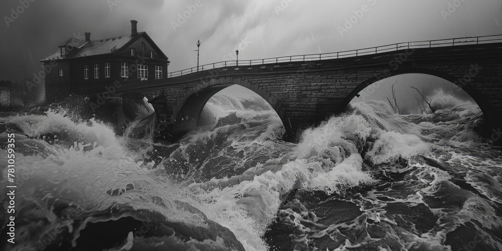 Poster a serene black and white photo of a bridge over a river. ideal for travel and architecture concepts