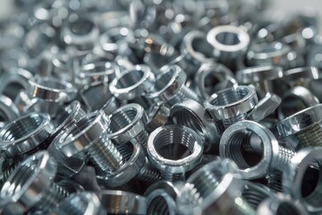 A pile of nuts and bolts stacked together. Ideal for industrial and mechanical concepts