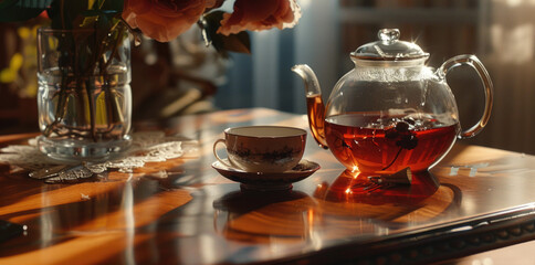 A tea pot and cup displayed on a table. Ideal for kitchen or tea-related designs