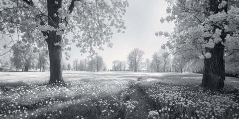A black and white image of a field of blooming flowers. Suitable for various design projects