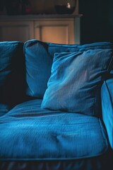 A blue couch with two matching blue pillows. Perfect for interior design projects