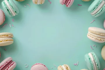  A circle of delicious macarons with confetti sprinkles, perfect for party themes or dessert menus © Fotograf