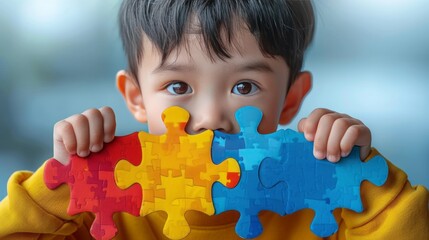 Autism awareness day. Studio Portrait of a little cute asian child cover his face with the colorful puzzles pieces. Autism Spectrum Disorder concept.