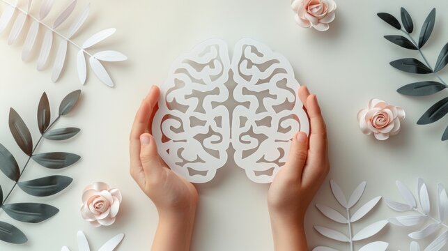 Hands holding encephalography brain paper cutout autism. Stroke. Epilepsy and alzheimer awareness.