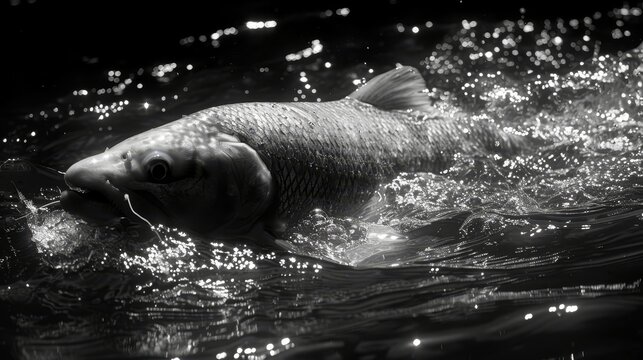   A monochrome image depicts a fish swimming in a body of water with bubbles on its surface