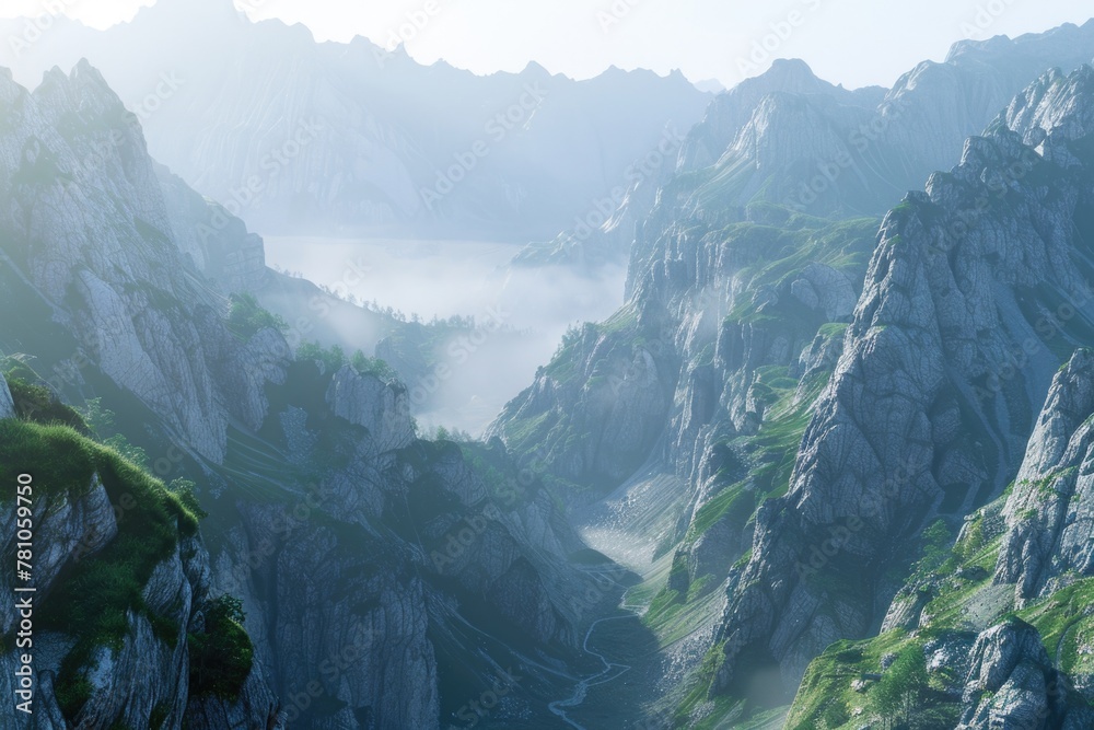 Poster a scenic view of a mountain range with a valley in the foreground. perfect for outdoor and travel co