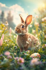 Fototapeta premium A rabbit sitting peacefully in a field of colorful flowers. Suitable for nature and animal-themed designs
