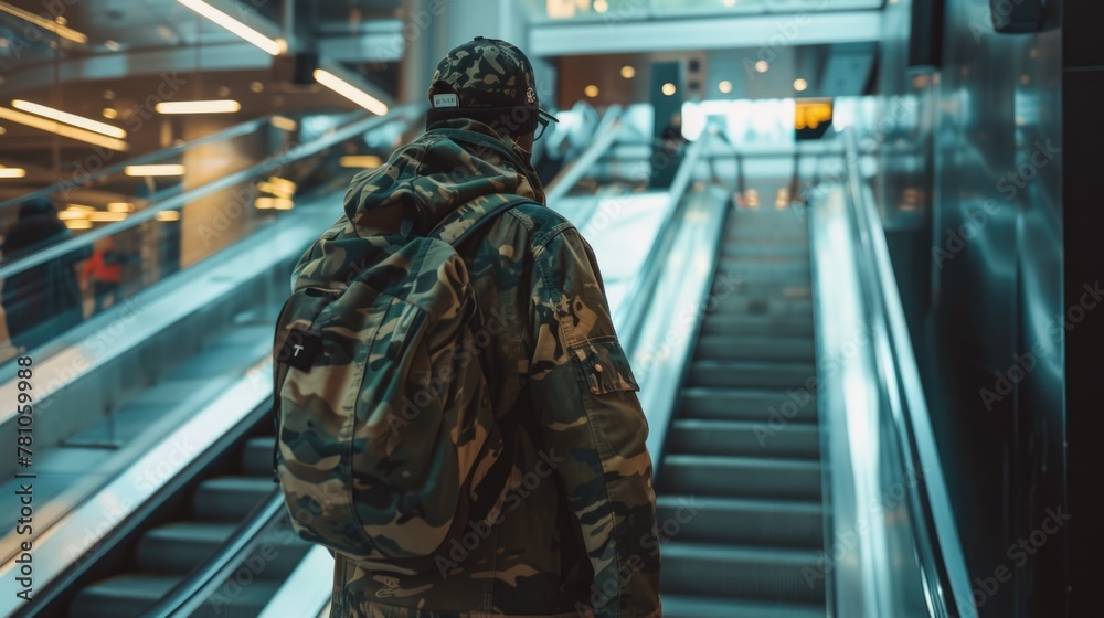 Poster a man with a backpack standing on an escalator. suitable for urban transportation concepts