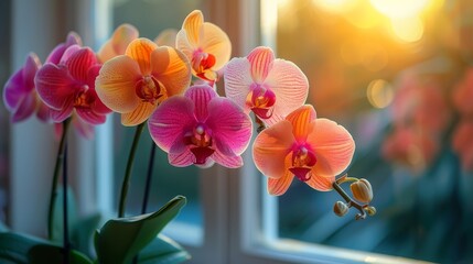   Pink and orange orchids in vase on window sill under sun