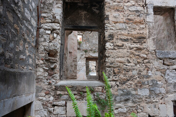 Old stone building walls with window openings through into distance and green ladder fern in foreground.
