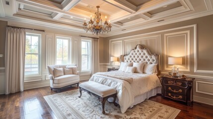 Luxurious bedroom with a large bed and elegant chandelier, perfect for interior design projects