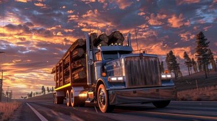 Semi truck driving down highway at sunset. Perfect for transportation industry ads