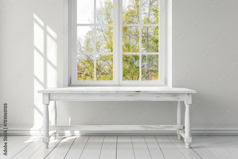 Poster white bench in front of window, suitable for interior design projects