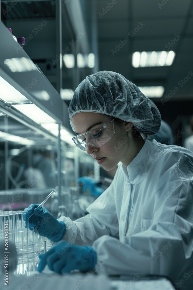 Poster A woman in a lab coat and goggles working in a laboratory. Suitable for science and research concepts
