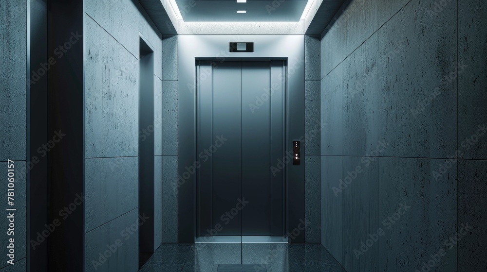 Poster A long hallway with a clock on the wall. Suitable for time management concepts