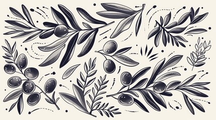A bunch of olives with leaves and berries, perfect for food and agriculture concepts - obrazy, fototapety, plakaty