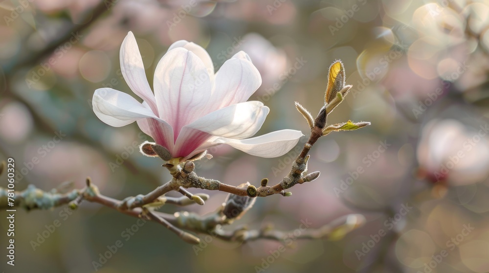 Poster a detailed view of a flower growing on a tree. ideal for botanical illustrations