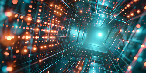 Digital transformation concept, System engineering, Binary code, Programming, A tunnel illuminated by colorful lights and glowing dots, creating a mesmerizing and futuristic atmosphere.