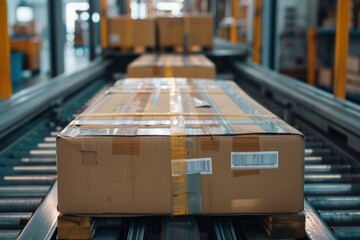 A box moving along a conveyor belt in a warehouse, suitable for industrial and logistics concepts