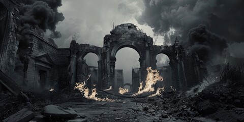 A picture of a ruined building with smoke coming out of it. Suitable for illustrating disasters or destruction