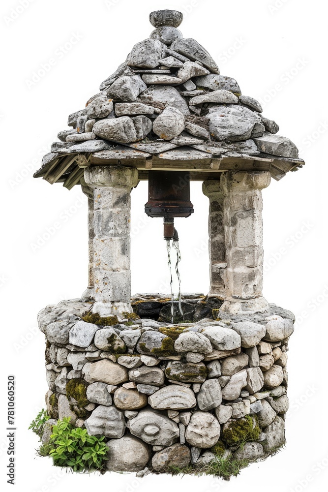 Poster A stone structure with a bell and water flowing out. Suitable for architectural or garden design concepts
