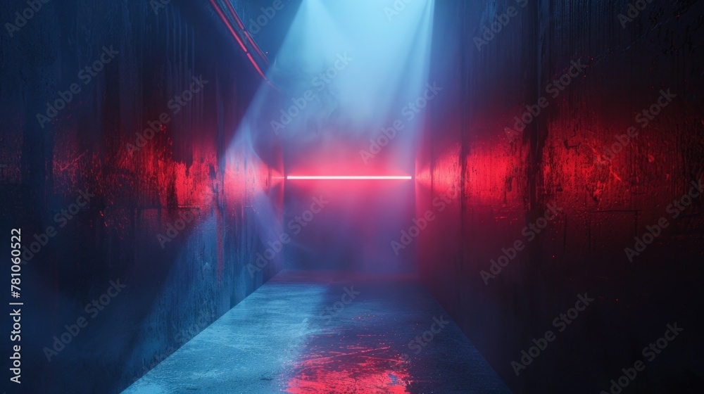 Poster A red light shining through a dark and mysterious hallway. Perfect for adding intrigue to your projects