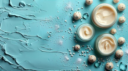   A few jars of cream resting atop a blue table, alongside tiny balls of doughnuts