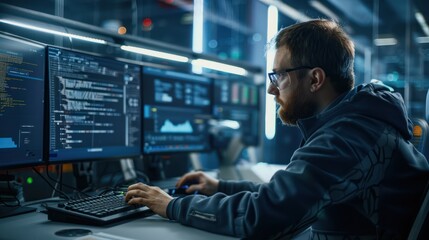 An engineer working on a computer, programming and configuring a complex system.