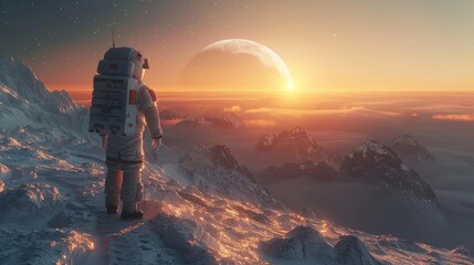 A lone astronaut stands on a rugged alien mountain range, witnessing the breathtaking sunrise beside a giant planetary horizon. Generative AI