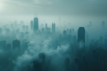 Problem of air pollution, full of small dust and PM 2.5 that affect health. Mist blankets skyscraper-filled skyline, with tallest buildings piercing through as faint silhouettes,