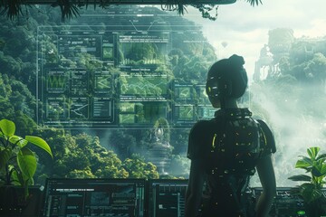 Showcases futuristic AI interfaces integrated within sustainable tech systems, figure in front of holographic screens with verdant jungle ruins in distance,  nature and futuristic technology. - obrazy, fototapety, plakaty