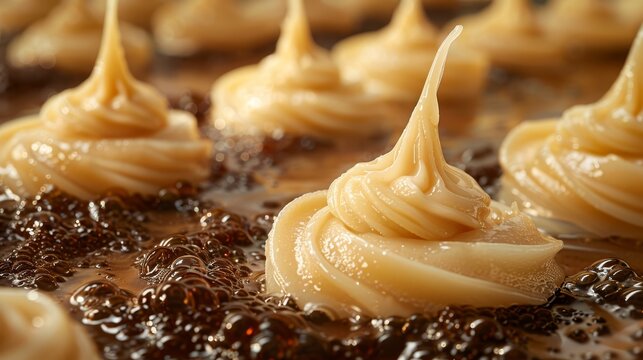   A close-up image of a plate with peanut butter frosting and icing on desserts