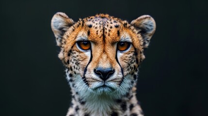   A close-up of a cheetah's face with an intense expression on it Against a black background