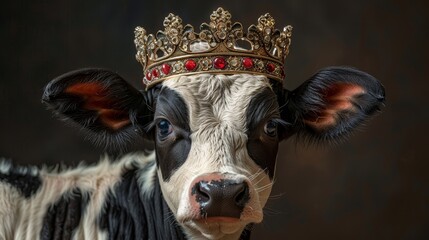   A cow with a black and white coat, adorned with a gold crown on its head and a red jeweled crown on the other