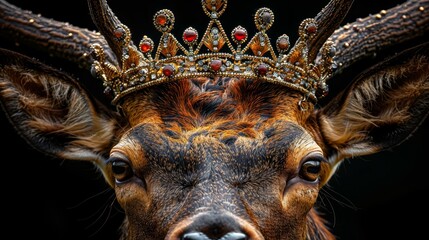   A deer wearing a crown looks seriously at the camera - obrazy, fototapety, plakaty