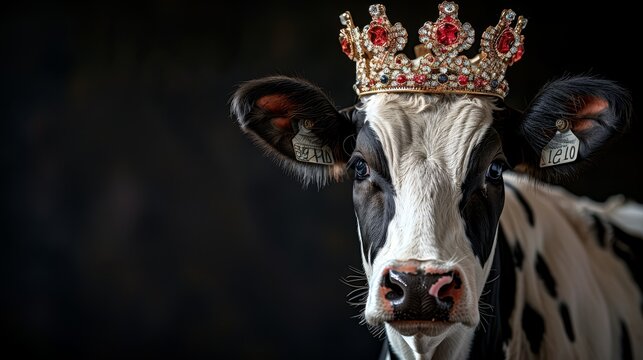   A close-up photo of a cow with a crown on its head against a black and white background