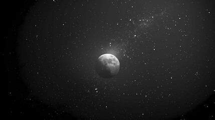 A pure black background with tiny dots representing stars, featuring a small white moon at the center