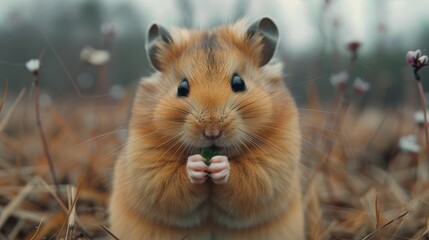   A hamster closely gripping a flower between its paws in a grassy landscape, background softly out of focus