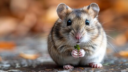   A hamster, brown and white, nibbles broccoli piece on the ground against a blurred backdrop