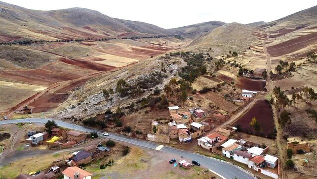 Aerial view of a tranquil peruvian village nestled in the vast and picturesque mountain landscape of
