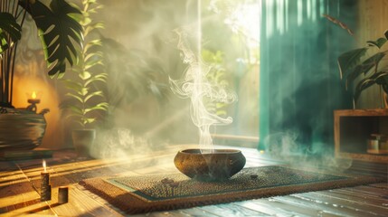 Mystic room with smoking incense bowl. Spiritual and atmospheric room with smoke from an incense bowl, evoking a sense of ancient tradition and relaxation - obrazy, fototapety, plakaty