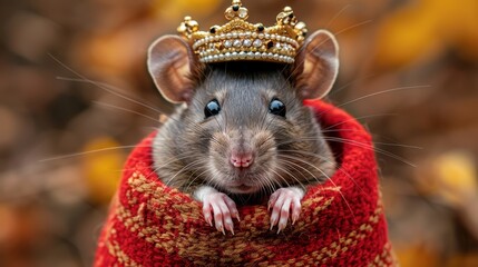   Rat with crown on head, wrapped in blanket, looking at camera