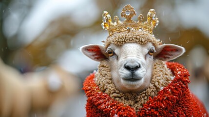 Fototapeta premium A sheep in a red dress and gold chain wears a crown on its head